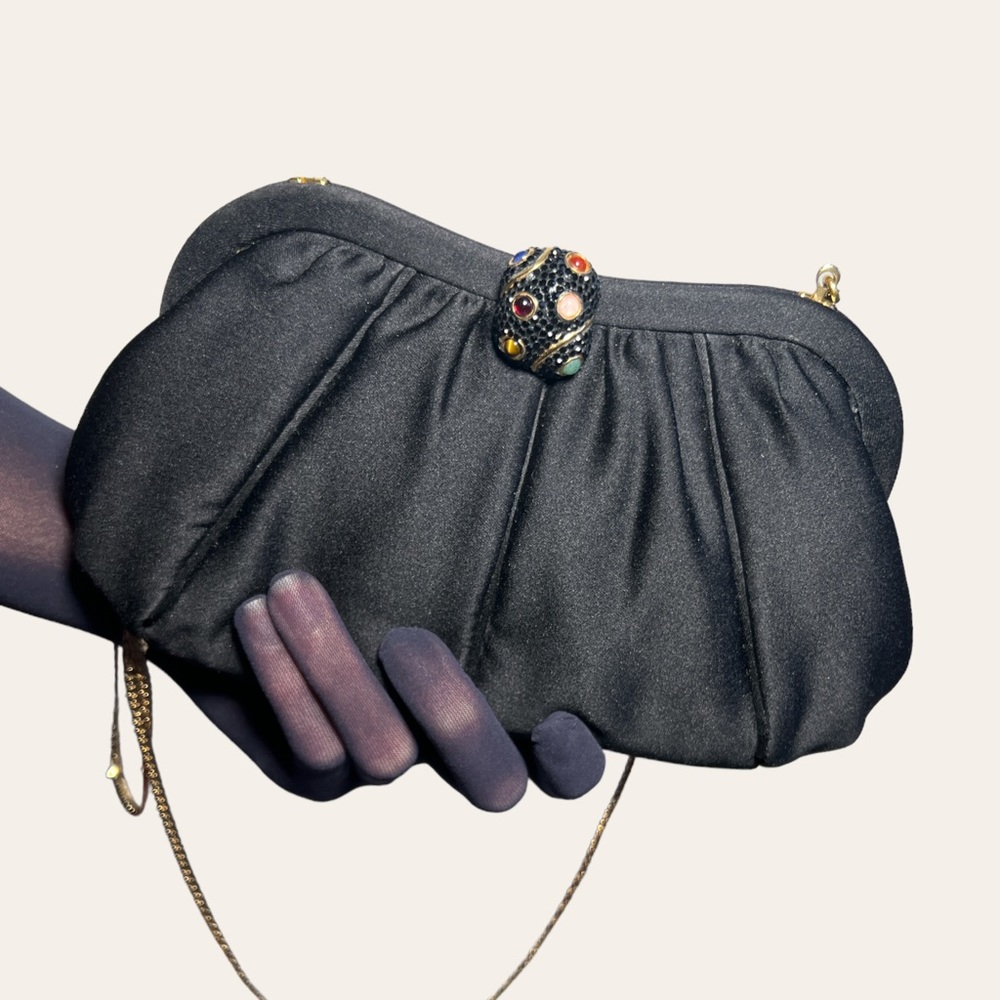 90s Vintage Judith Leiber Bejeweled Gold Tone Hardware Black Silk Clutch